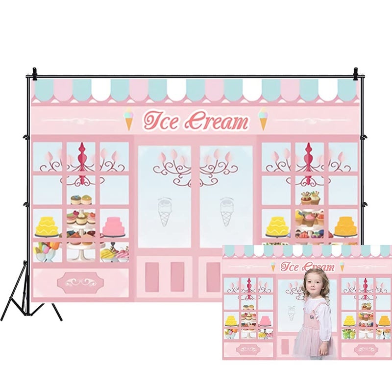 Renaiss 10x8ft Ice Cream Parlor Shop Backdrop Pink Sweet Cake Dessert Shoppe Princess Birthday Party Photography Background for Kids Girls Baby Shower Party Decor Photo Studio Booth Props - Image 1